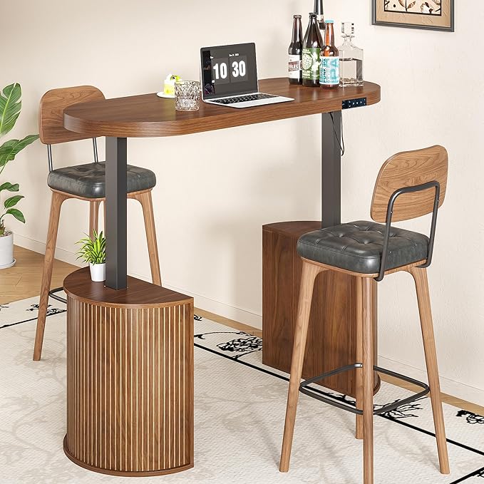 Mid Century Modern Electric Standing Desk with Storage 55 x 22 Inch Small Sit Stand Up Desk Wood Adjustable Height Computer Executive Desk for Home Office Laptop Walnut