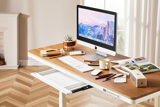 KINGSMITH 48x24 Inches Whole Piece Electric Standing Desk with Drawer Height Adjustable Stand up Desk for Home Office Ergonomic Sit to Stand Desk Computer Workstation Rustic Brown
