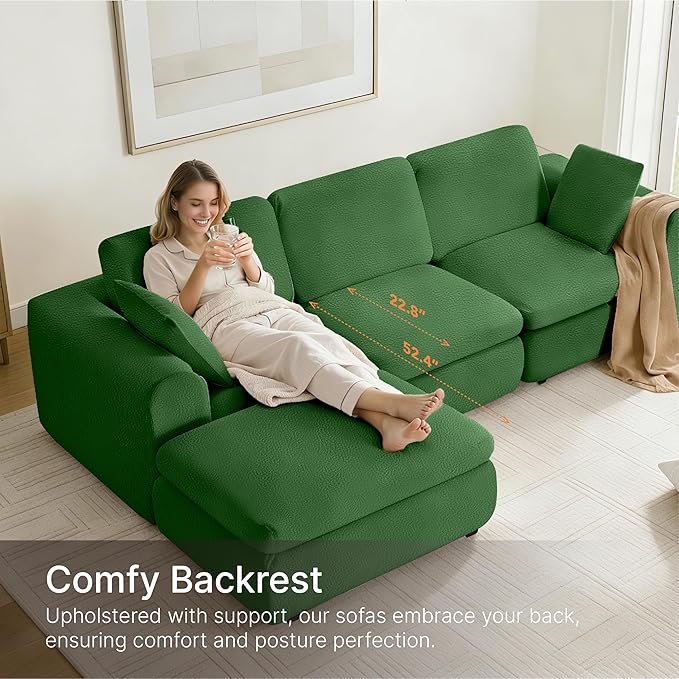 108 Boneless Cloud Couch Sectional No Assembly Required Modular Sofa with Deep Seat for Living Room L Shaped Couch with Ottoman Snowflake Fabric and Memory Sponge Moss Green