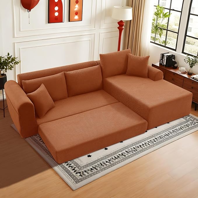 KBQ Modular Sectional Couch in a Box 103 L Shaped Boneless Cloud Couch with Deep Seat Convertible Sofa Bed for Living Room Bedroom Apartments No Assembly Required Orange Right Facing Chaise