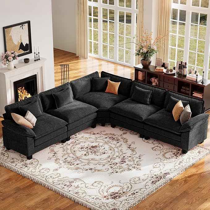 CDCASA 117 Oversized Modular Sectional Sofa with Corner Comfy V-Shaped Cloud Couch 5-Seater Chenille Deep Seat Modern Sofa Couch for Living Room DIY Combination Black