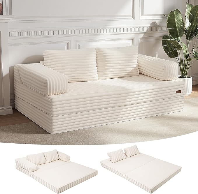 MeMoreCool Convertible Sofa Bed Folding Floor Couch Bed Queen Pull Out Sleeper Couch with Pillows Fold Out Futon Sofa for Bedroom Living Room Small Space Corduroy Beige