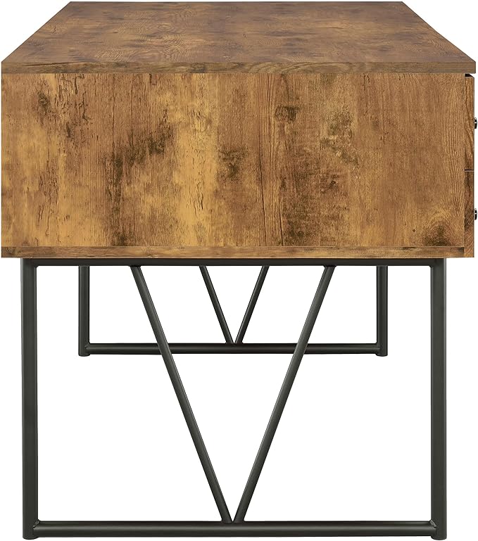 BOWERY HILL Farmhouse Wood Writing Desk 63 W Antique Nutmeg Finish Black Metal Base 4 Drawers with Full Extension Glides Rustic Industrial Office Desk for Home Workspace or Study