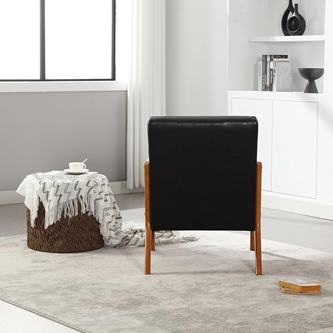 Modern Accent Chair Solid Wood Padding Lounge Armchairs with One Pillow for Living Room Bedroom Guest Room (Black PU)