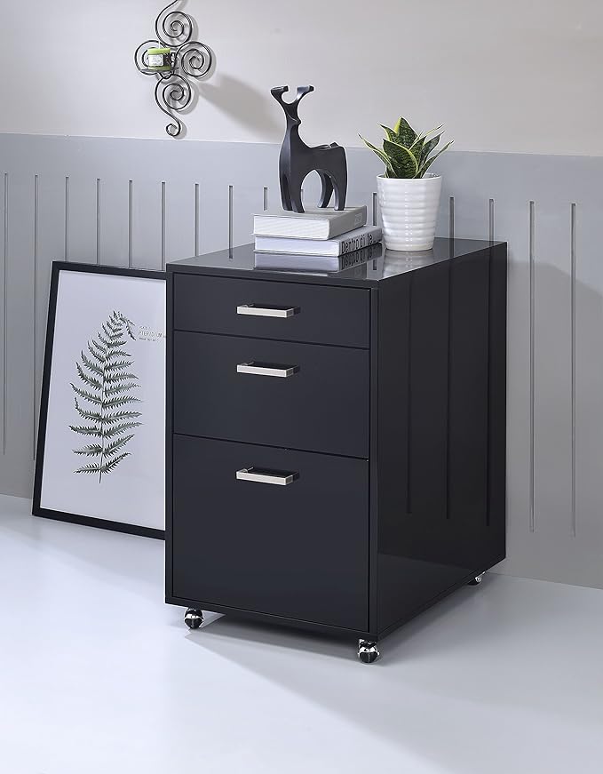 Black Mobile File Cabinet with 3 Drawers 4 Wheels Rectangular Portable Filing Cabinet Traditional for Office Study Room