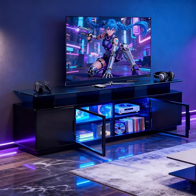 70 Inch Black TV Stand with LED Lights Power Strips and USB Charging Station for Mobile Phones Transparent Glass Door Storage Cabinet Entertainment Center with Large Storage Space