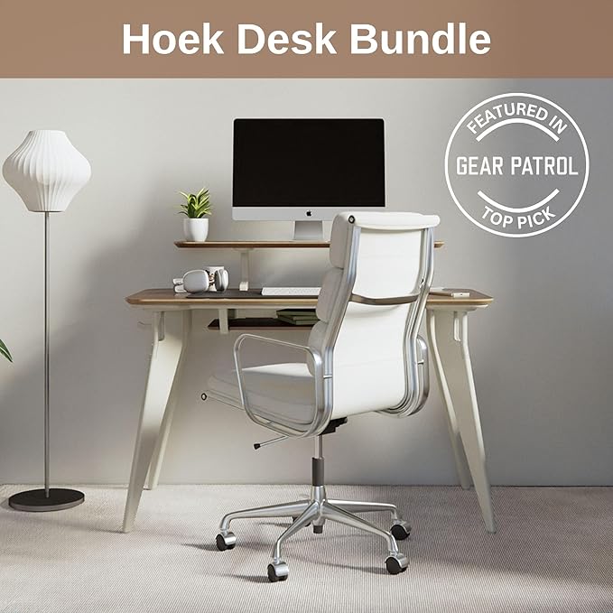 HOEK Desk Bundle 47.5 x 23 Modular Collapsible Workstation with SNAP Assembly Monitor Shelf Under Shelf Side Hook and Wall Cleat Portable Folding Computer Desk for Home Office (Walnut/White)