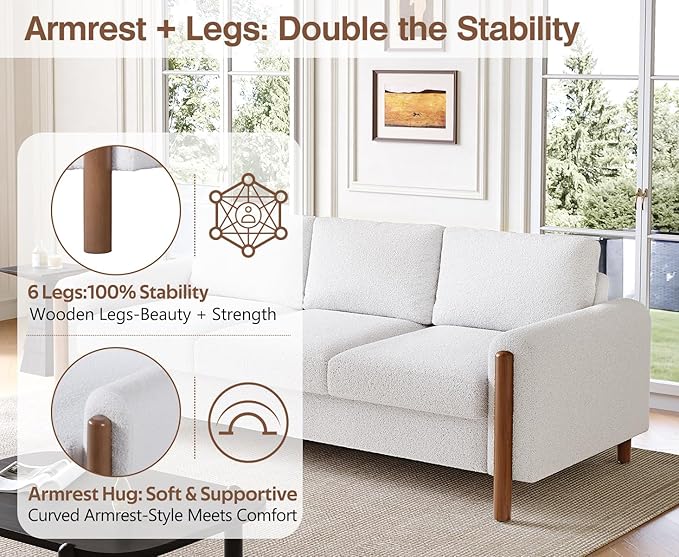Merax 83.86 3-Seater Sofa Curved Armrest with Integrated Solid Wood Legs Teddy Velvet Fabric High Weight Capacity (250 lbs/seat) Durable Solid Wood Frame Cream White