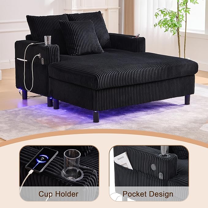 KEIKI 50 W Corduroy Oversized Recliner Single Sofa Couch with Deep Seat3 PillowsUSB ChargingCup Holder and Side Pocket