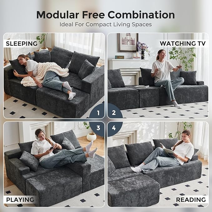 Boneless Couch L Shaped Cloud Sectional Couches for Living Room Comfy Fluffy Modular Sectional Sofa Deep Seat Memory Foam Lounger with Left Facing Chaise Free Combination Gray