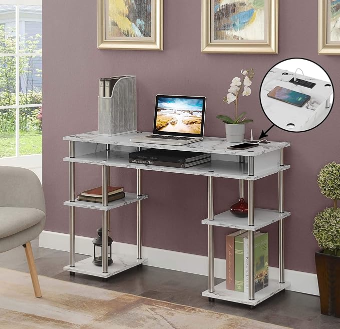 Convenience Concepts Designs2Go No Tools Student Desk with Charging Station and Shelves White Marble