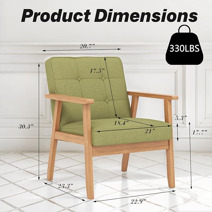 Modern Accent Chair with Arm Rest Upholstered Linen Fabric Leisure Chair Comfy Side Chair with Backrest Button and Wooden Frame for Living Room Bedroom Reading(Green)