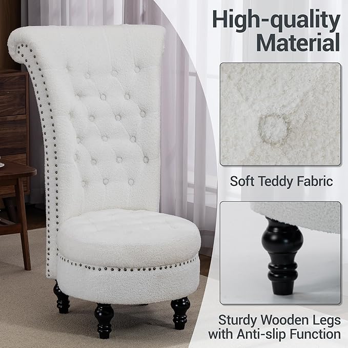 High Back Throne Royal Chair Set of 2 Velvet Armless Accent Chairs with Storage Nailhead Trim Solid Rubberwood Legs for Living Room Bedroom White