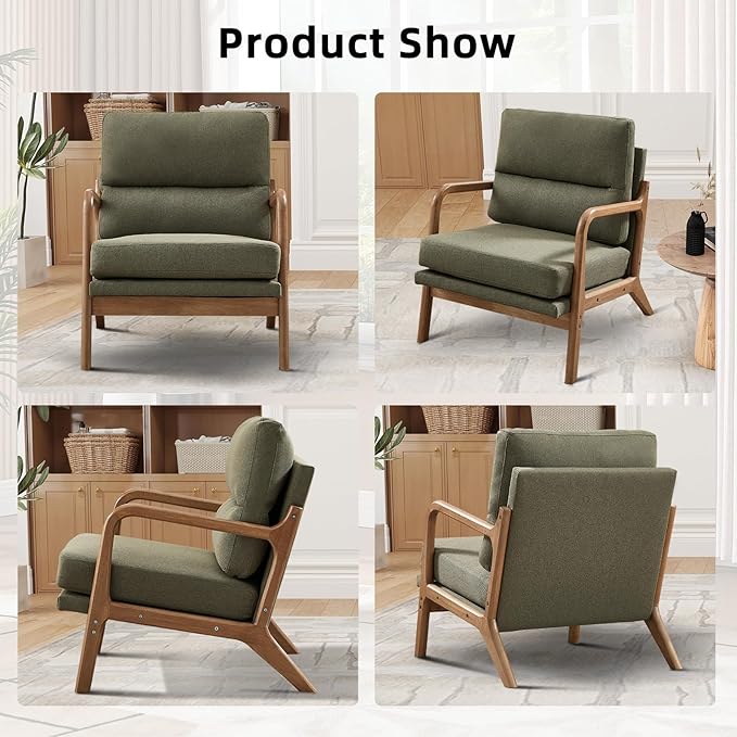 Mid Century Modern Accent Chair Linen Fabric Upholstered Lounge Arm Chair with Solid Wood Frame and Soft Cushion for Living Room Bedroom Balcony (1 Green)