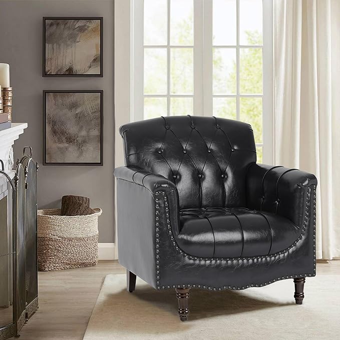 Pia Ricco Faux Leather Armchair Set of 2 Modern Accent Chairs with Nailhead Trim and Solid Wood Legs Upholstered Comfort for Living Room Office Bedroom - Bule Black