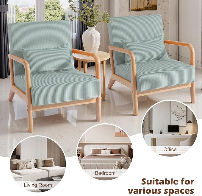 UIXE Modern Accent Chair Corduroy Upholstered Armchair for Living Room Comfy Arm Chair Single Sofa Bedroom Reading Seat with Lumbar Pillow &amp Wooden Armrests - Light Blue