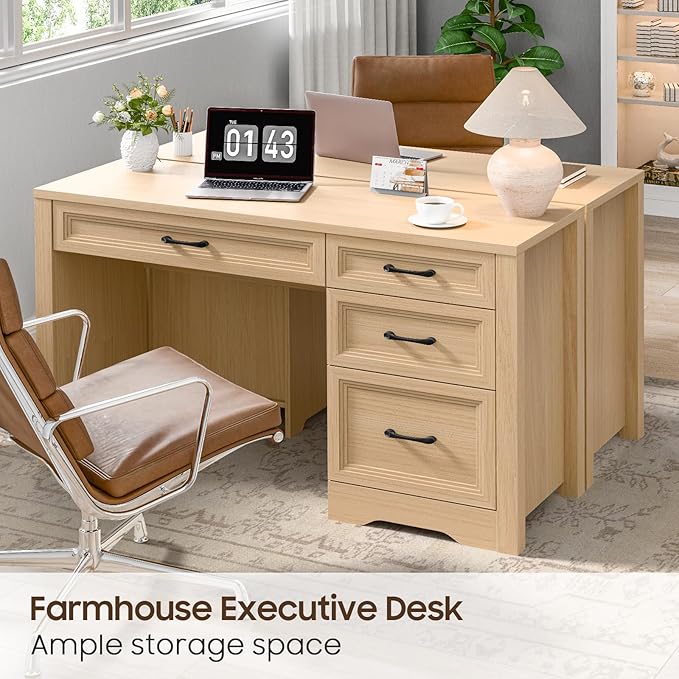 Vabches Farmhouse Executive Desk with Storage and Ample File Drawer Rustic Large Home Writing Desk for Bedroom Natural