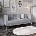 HOME DESIGN Scarlett Glam Velvet Flared Arm 3-Seater Sofa with Channel Tufting 4 Throw Pillows Gold Metal Legs Silver Gray