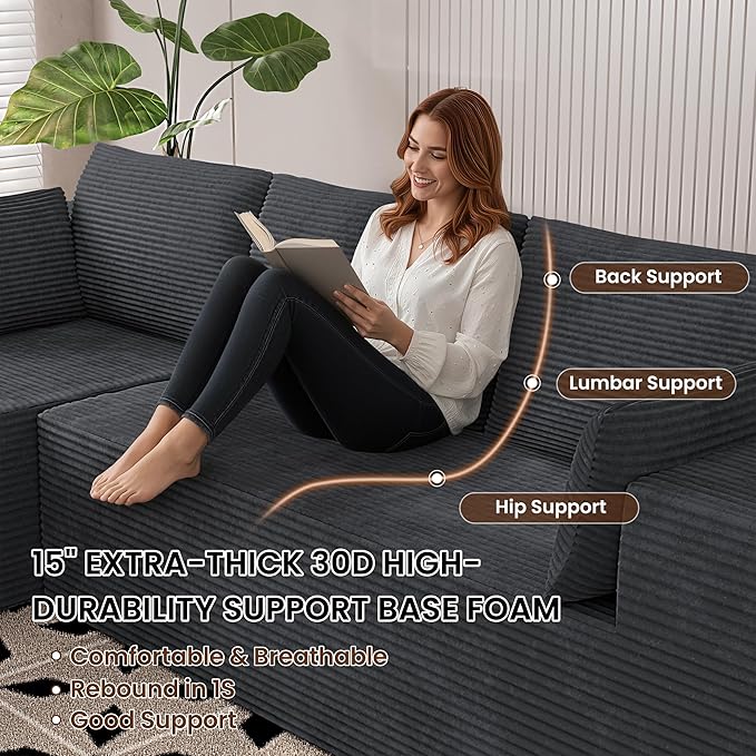 106 Cloud Sectional Boneless Couches for Living Room Modular L Shaped Couch with Deep Seat Oversized Left Facing Chaise Memory Foam Compressed Spineless 3 Seater Sofa for Bedroom Apartment Grey