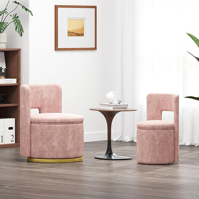 360° Round Swivel Chair with Storage Under Seat Comfy Chair for Living Room Bedroom Reading Room (Pink)