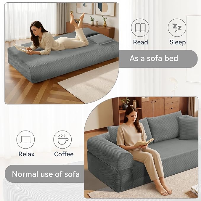 83 Sofa in a Box 3 Seater Couch No Assembly Boneless Sofa Bed with Cushion Back 2 Pillows Deep Seat Corduroy Fabric Side Storage Pockets for Living Room Bedroom Apartment Office Light Grey
