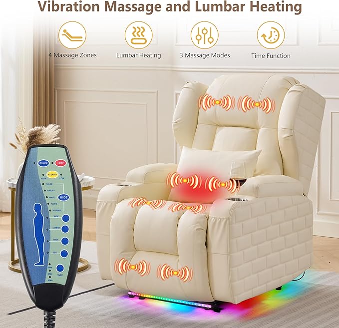 Wall Hugger Power Recliner Chair with Heat and Massage Overstuffed Reclining Sofa Chair for Living Room Home Theater RV with 3-Side LED Lights/Cup Holders/USB &amp Type C Port (White)