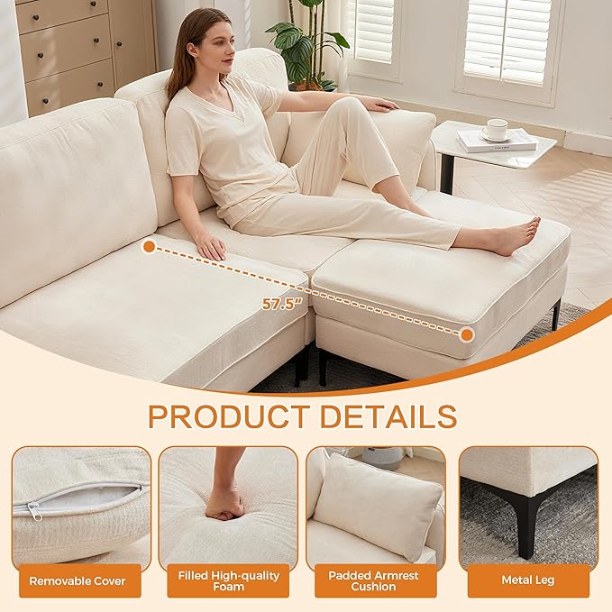 LSSBOUGHT 110 Sectional SofaL Shaped Sofa with Movable Ottoman Chenille Fabric 3 Seat Modern Couches for Living Room Apartment and Small Space (Beige)