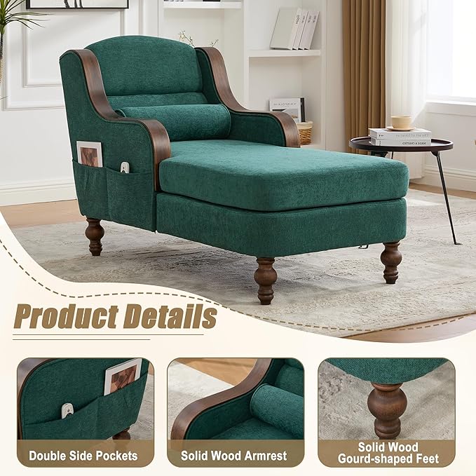 Upholstered Oversized Chaise Lounge Chair Solid Wood Frame Comfy Arm Chair with Thick Double-Layer Cushion Curved Armrests Modern Overstuffed Sleeper Recliner for Bedroom Living Room(Emerald Green)