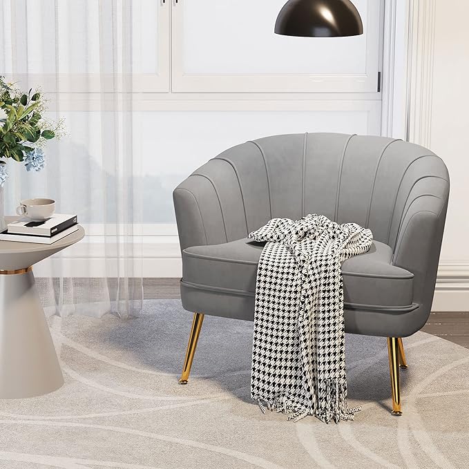 Velvet Accent Chair for Living Room Bedroom Office - Upholstered Single Sofa Arm Chair With Metal Legs Comfy for Reading Leisure Club Coffee - Grey