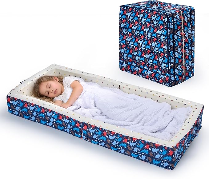 100% Cotton Lining Portable Foldable Toddler Travel Bed - Soft Foam Floor Bed with Washable Cover Safe and Comfortable Toddler Crib Ocean Blue