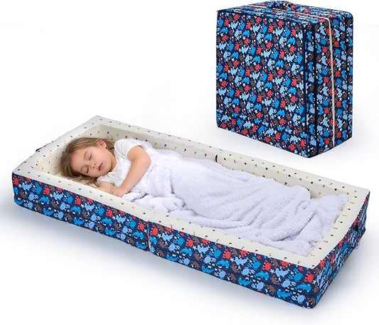 100% Cotton Lining Portable Foldable Toddler Travel Bed - Soft Foam Floor Bed with Washable Cover Safe and Comfortable Toddler Crib Ocean Blue