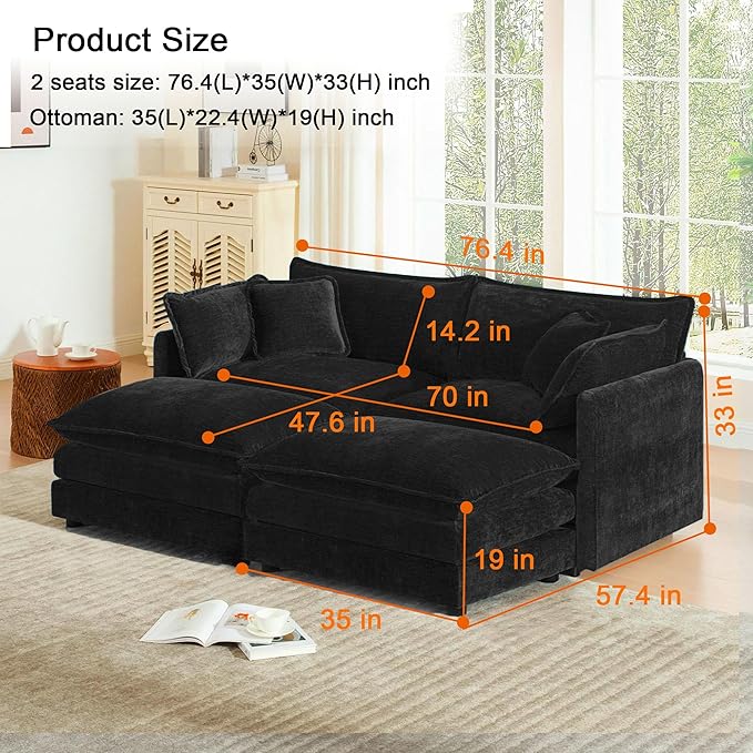 Small Sectional Couch76.7 Small L Shaped Cloud Sofa with Movable OttomanSofa Set for Living RoomApartmentsBlack