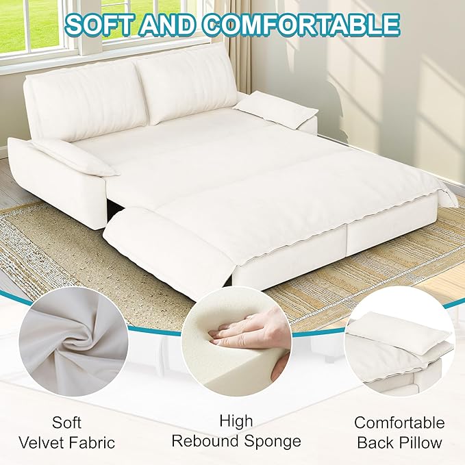 73.2 Inch Queen Size Sleeper Sofa Bed 3 in 1 Convertible Pull Out Couch Velvet Loveseat Sofa Couch Bed with Pillow for Apartment Bedroom Living Room Beige
