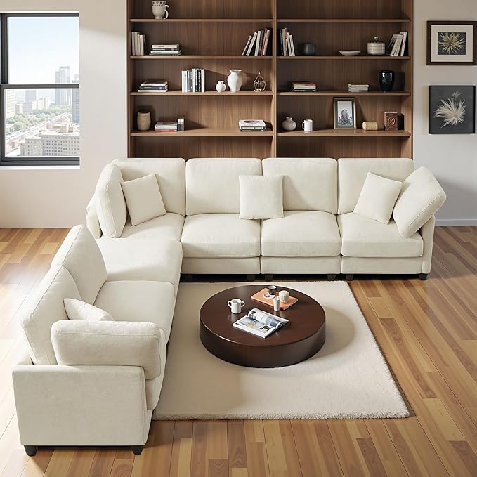 117 Modular Sectional Sofa with Movable ChaiseModern Chenille Cloud Sectional Couch with Deep SeatU Shaped Compressed Boneless Sofa for Living RoomNo Assembly Required (Beige)