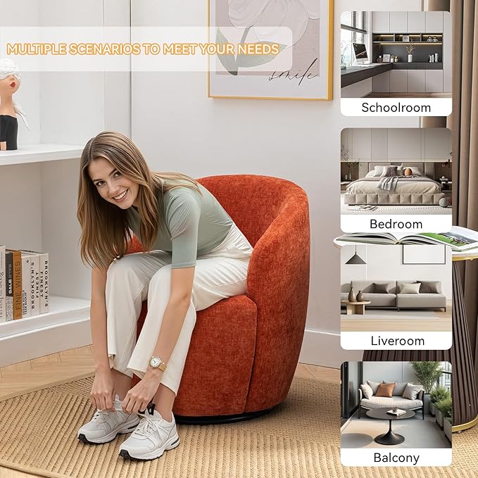 360 Degree Swivel Accent Chair Modern Barrel Vanity Chair with Back Comfy Single Circle Couch for Living Room Bedroom Reading Nook (Chenille Orange)