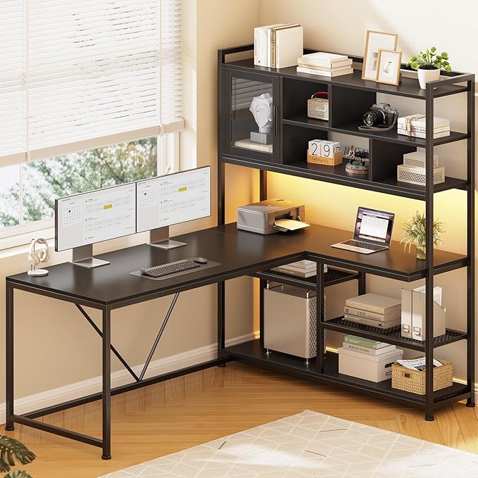 SEDETA L Shaped Computer Desk 58'' Office Desk with LED Light and Bookshelf L Shaped Corner Desk with Storage Shelves for Home Office Gaming Desk L Desk Black