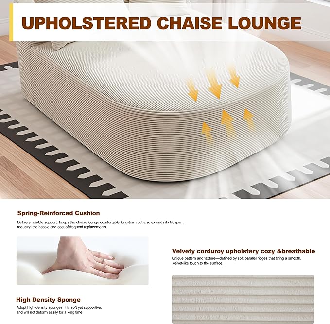 Chaise Lounge Chair Indoor 67.5 Oversized Boneless Couch Could Comfy Upholstered Sleeper Sofa Bed Corduroy Plush Modern Curved Floor Sofas Chair with 2 Pillows for Readng Living Room Bedroom Apartment