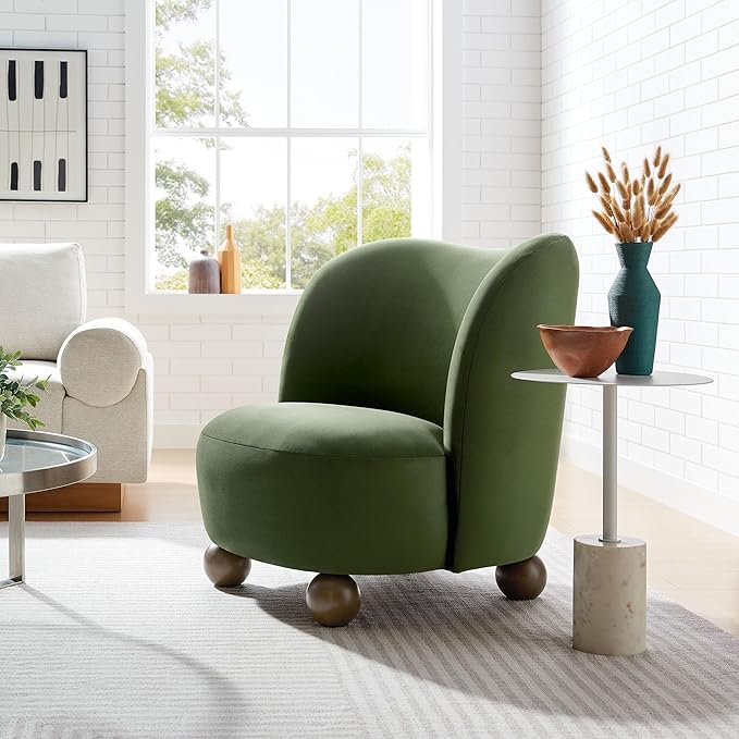Modway Monroe Performance Velvet Accent Chair in Moss Green Walnut - Upholstered Stain-Resistant Barrel Chair - Comfy Lounge Chair - Oversized Round Armless Reading Chair for Living Room