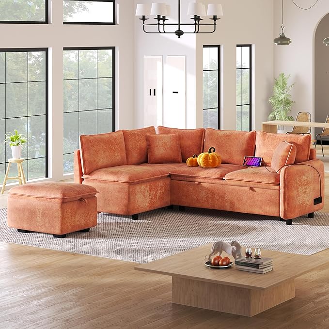 82.67 Convertible Sofa Bed Sectional Sofa Sleeper Chenille L-Shaped Sofa with Movable Storage Ottoman and 2 Pillows Pull-Out Sofa Bed Corner Couch for Living Room Office Apartment (Orange-CV)
