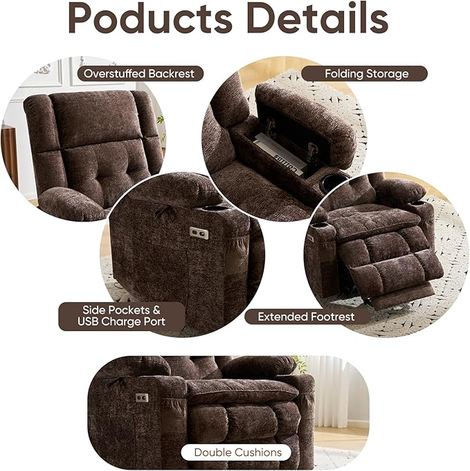 Oversized Power Recliner Chair for Elderly with Massage and Heat Dual Motor Lay Flat Recliner with Arm StorageLift Chair for Big Tall Infinite PositionExtended Footrest Lving Room Coffee