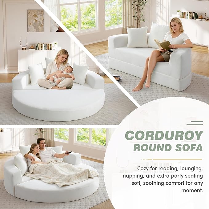 TTK 67” Oversized Round Sofa Bed 2 in 1 Convertible Circle Bed Folding Futon Lazy Floor Round Chaise Lounge Chair Comfy Corduroy Boneless Loveseat Couch for Living Room Apartment No Assembly (Beige)
