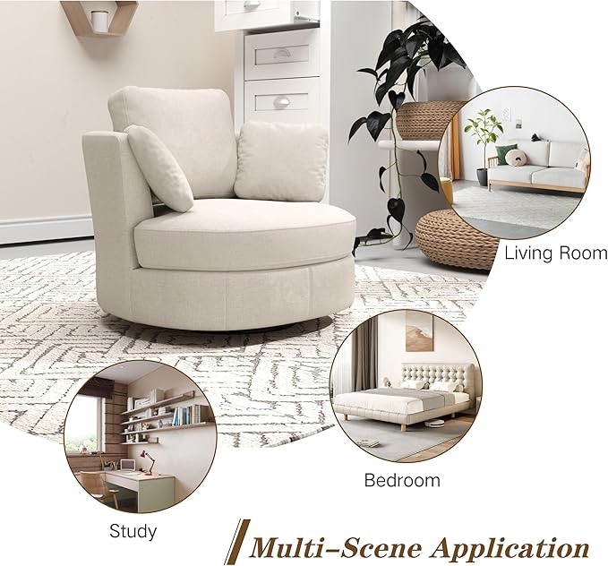 Mlmh &amp Kngwa Oversized Swivel Chair with Ottoman 40.4 inch Round Swivel Accent Chair and A Half Moon Ottoman with 3 Pillows Chenille Cozy Reading Chairs for Bedroom Living Room Beige