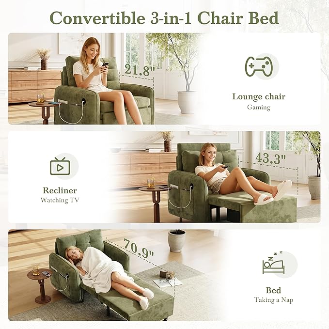 SLEERWAY 3-in-1 Convertible Sleeper Chair Bed Pull Out Sofa Bed with USB Charging Modern Single Lounge Chair with Side Storage Pocket &amp Pillow Multi-Functional Futon Couch for Living Room Gree