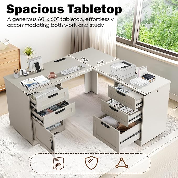L-Shaped Executive Desk with Power Outlets 60 Wood Home Office Computer Table with 5 Drawers and Locking Adjustable Storage Chest Corner Standing Writing Desks with Metal Handles (Light Gray)
