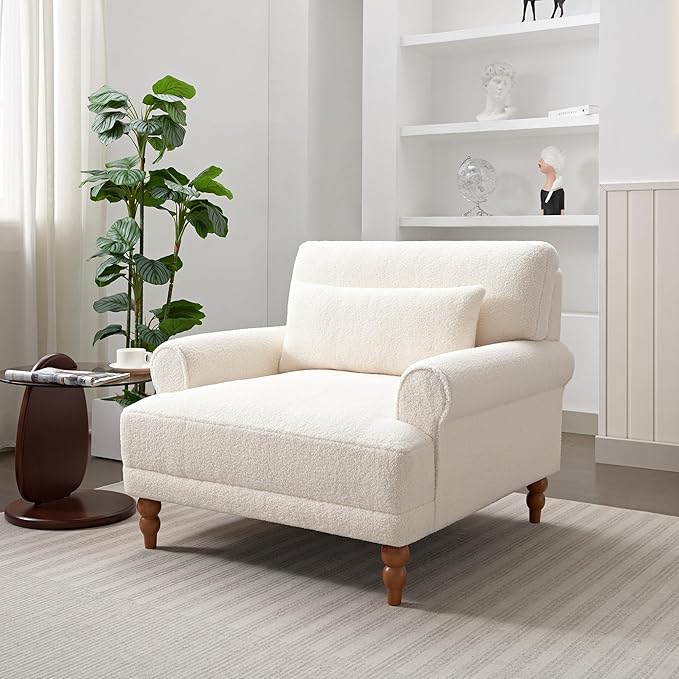 JOSHEN 40 Mid-Century Modern Boucle Accent ArmchairBoucle Upholstered Chair with a Waist Pillow for Living RoomBedroomStudyBeige