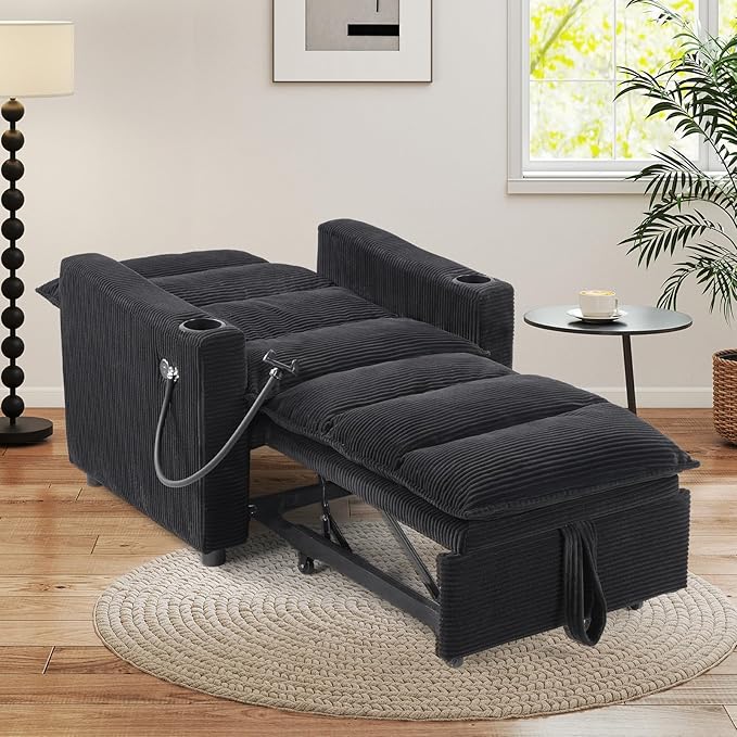 Corduroy Sleeper Sofa Bed with 2 Cup Holders 3-in-1 Convertible Pullout Futon Couch with Phone Holder&ampUSB Charge Port Single Chair with 3-Level Adjustable Backrest for Living Room