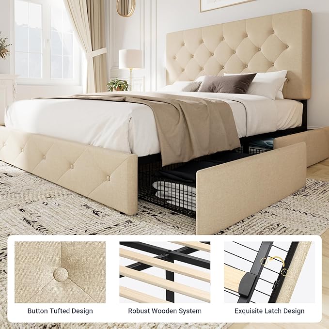 Allewie Upholstered Full Size Platform Bed Frame with 4 Storage Drawers and Headboard Diamond Stitched Button Tufted Mattress Foundation with Wooden Slats Support No Box Spring Needed Beige