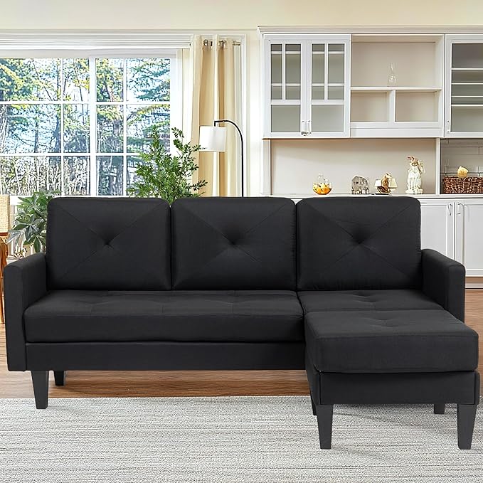 Small L Shape Couch 3 Seat Convertible Couch for Apartments with Ottoman Sectional Sofa for Small Spaces Black Modular Sleeper Sofa for Living Room Office