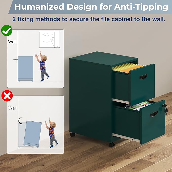 2 Drawer File Cabinet with Lock Filing Cabinets with Wheels Rolling File Cabinets for Home Office Metal Office File Cabinet Mobile Filing Cabinet for Holding Letters and File Boxes Green