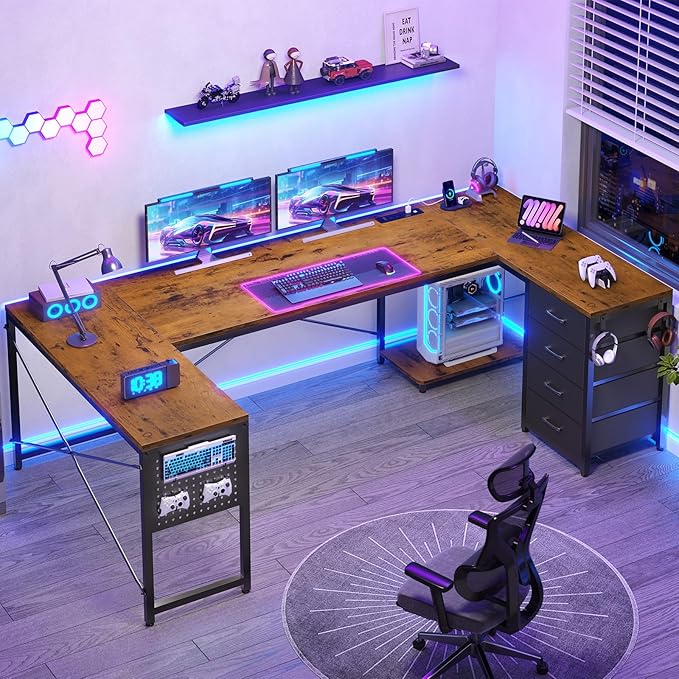 SEDETA 67 U Shaped Desk with 4 Fabric Drawers Reversible Corner Computer Desk with Power Outlet &amp CPU Shelf L Shaped Office Desk with Pegboard for Home Office Rustic Brown